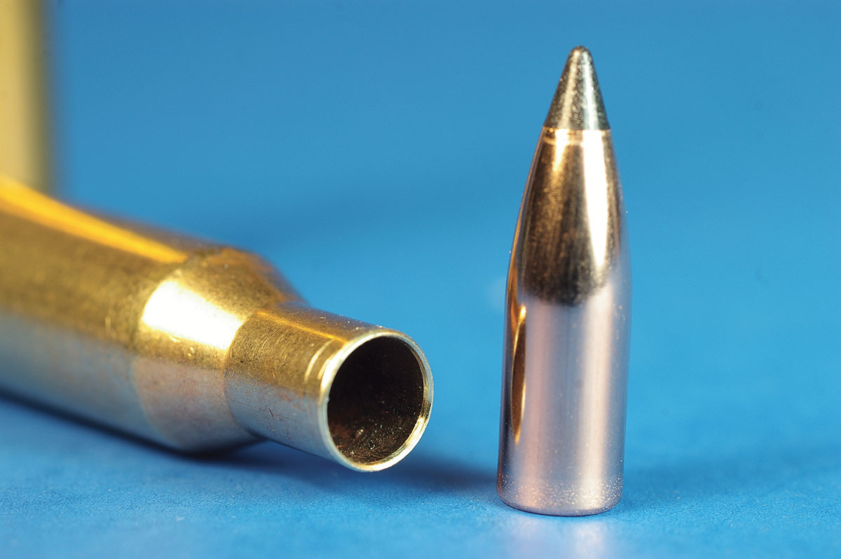 A chamfer on the inside of the case mouth allows a bullet to seat with less force and straightly in the case neck.